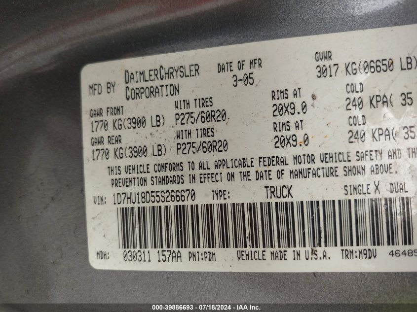 2005 Dodge Ram 1500 Slt/Laramie VIN: 1D7HU18D55S266670 Lot: 39886693