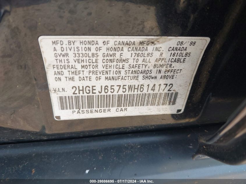 1998 Honda Civic Lx VIN: 2HGEJ6575WH614172 Lot: 39886695