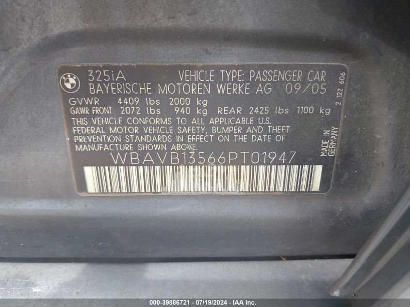 2006 BMW 325I VIN: WBAVB13566PT01947 Lot: 39886721