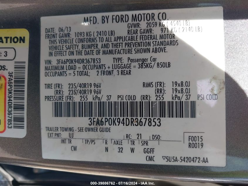 3FA6P0K94DR367853 | 2013 FORD FUSION