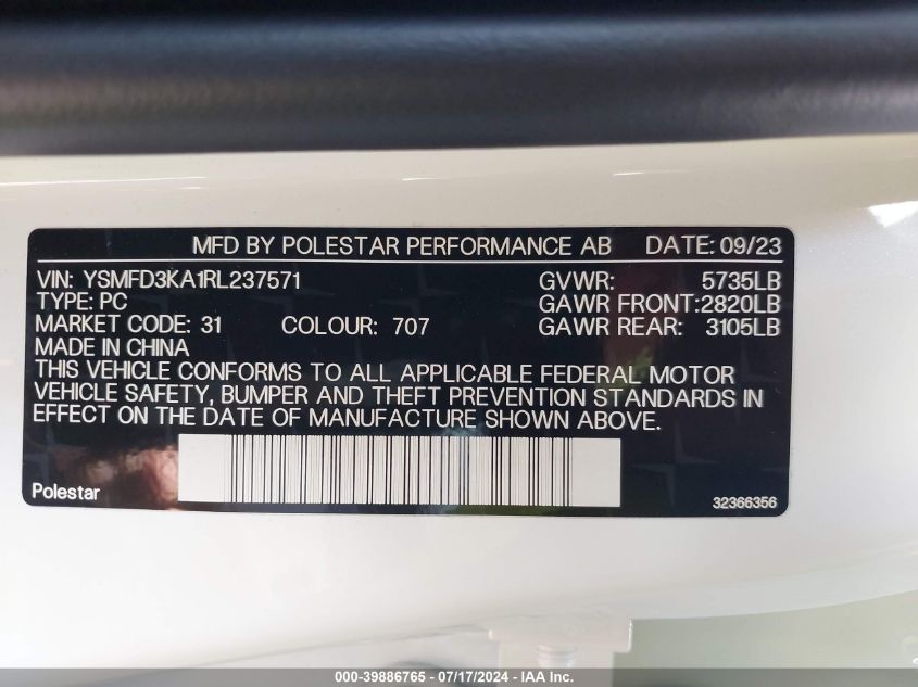 2024 Polestar 2 Long Range Dual Motor/Long Range Dual Motor Plus VIN: YSMFD3KA1RL237571 Lot: 39886765