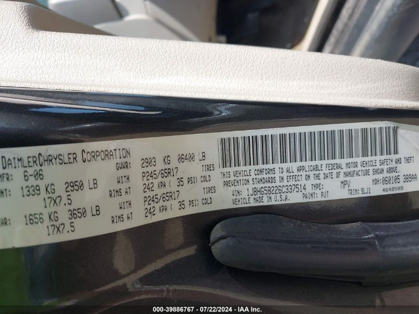 2006 Jeep Commander Limited VIN: 1J8HG58226C337514 Lot: 39886767