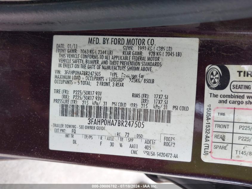 2011 Ford Fusion Se VIN: 3FAHP0HA7BR247505 Lot: 39886782