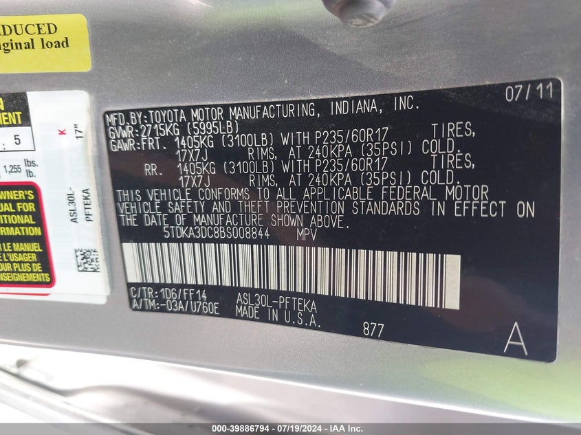 2011 Toyota Sienna VIN: 5TDKA3DC8BS008844 Lot: 39886794