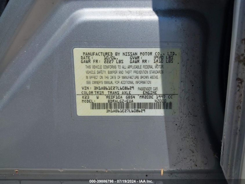 2007 Nissan Sentra 2.0/2.0S/2.0Sl VIN: 3N1AB61E27L608629 Lot: 39886798
