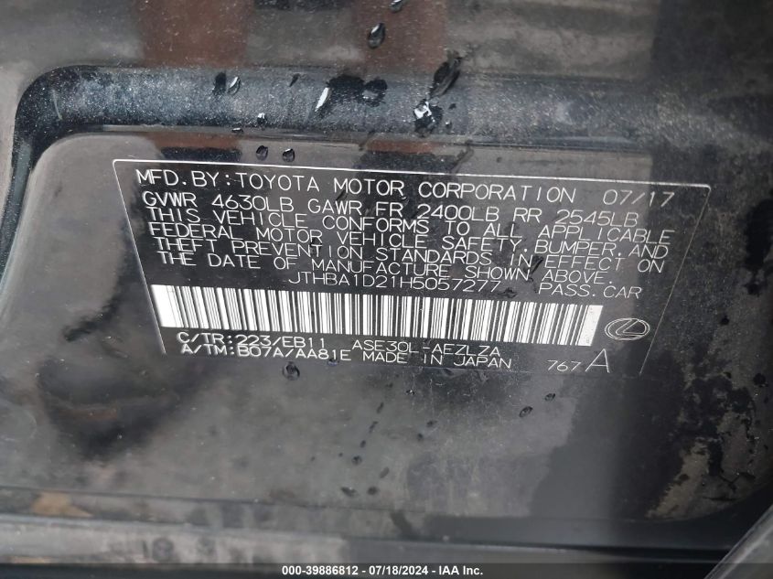 2017 Lexus Is 200T VIN: JTHBA1D21H5057277 Lot: 39886812