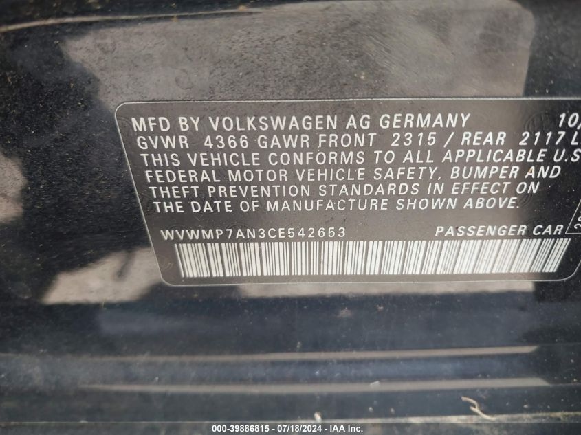 WVWMP7AN3CE542653 | 2012 VOLKSWAGEN CC