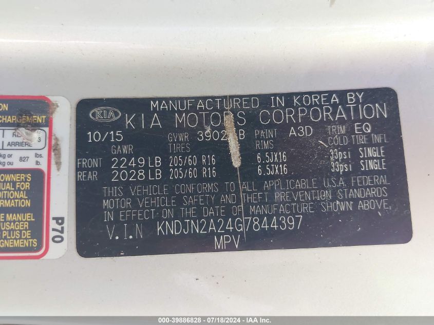 2016 Kia Soul VIN: KNDJN2A24G7844397 Lot: 39886828