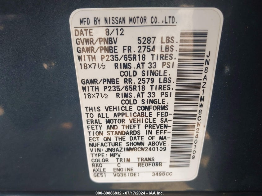 2012 Nissan Murano Sl VIN: JN8AZ1MW8CW240109 Lot: 39886832