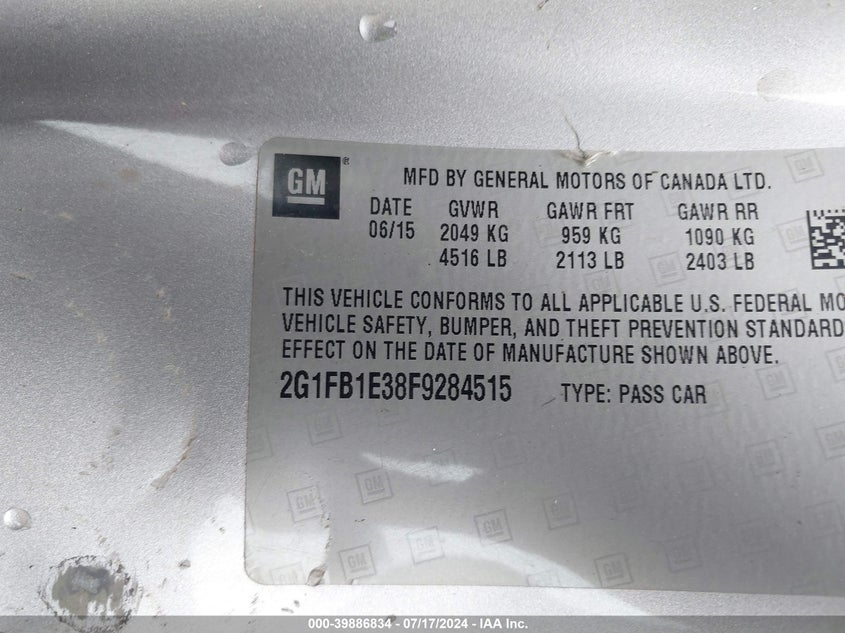 2015 Chevrolet Camaro 2Ls VIN: 2G1FB1E38F9284515 Lot: 39886834
