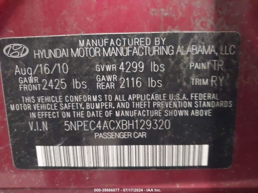 5NPEC4ACXBH129320 2011 Hyundai Sonata Se