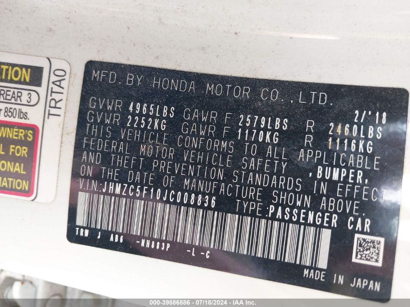 2018 Honda Clarity Plug-In Hybrid VIN: JHMZC5F10JC008836 Lot: 39886886