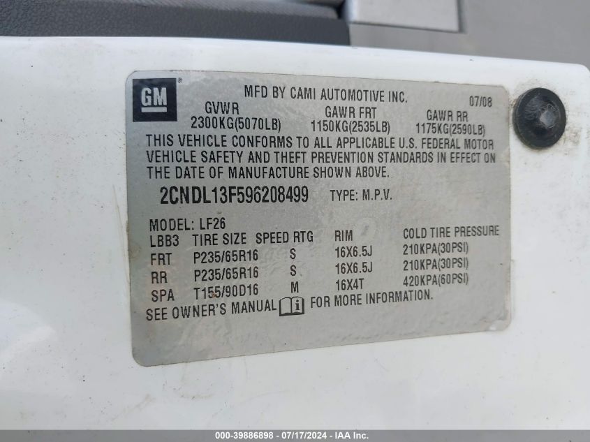 2009 Chevrolet Equinox Ls VIN: 2CNDL13F596208499 Lot: 39886898