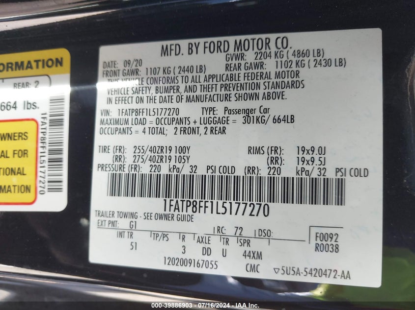 VIN 1FATP8FF1L5177270 2020 FORD MUSTANG GT PREMIUM