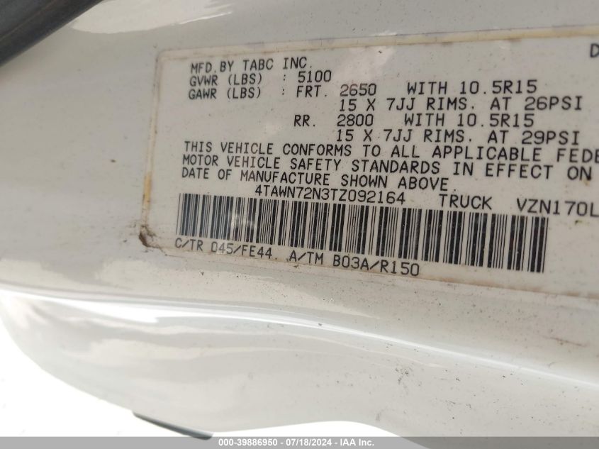 1996 Toyota Tacoma Xtracab VIN: 4TAWN72N3TZ092164 Lot: 39886950