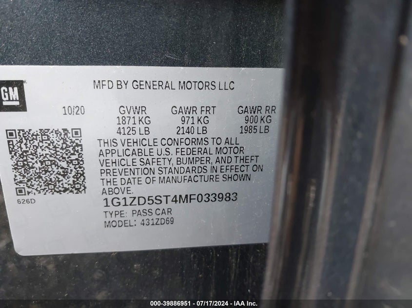 2021 Chevrolet Malibu Fwd Lt VIN: 1G1ZD5ST4MF033983 Lot: 39886951