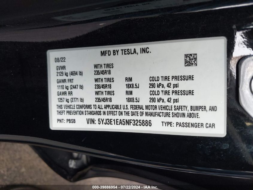 2022 TESLA MODEL 3 REAR-WHEEL DRIVE - 5YJ3E1EA5NF325886