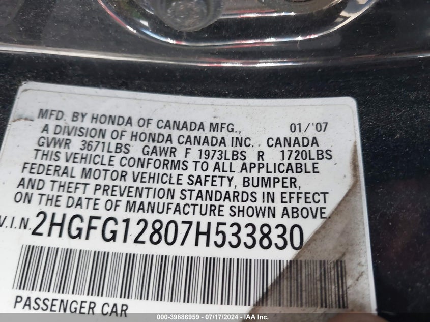 2007 Honda Civic Ex VIN: 2HGFG12807H533830 Lot: 39886959