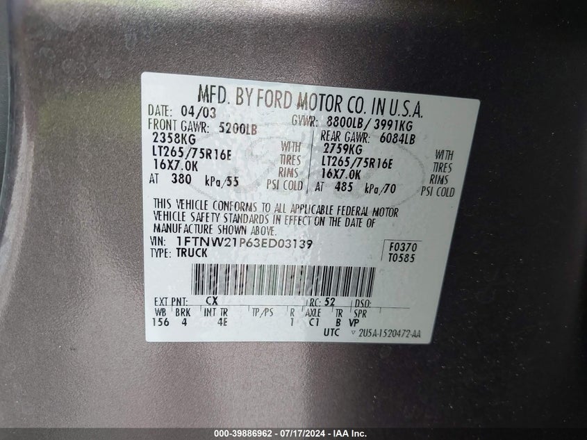 2003 Ford F-250 Lariat/Xl/Xlt VIN: 1FTNW21P63ED03139 Lot: 39886962