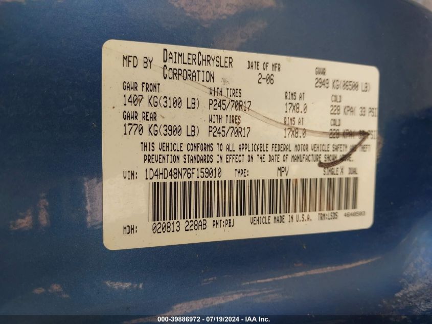 2006 Dodge Durango Slt VIN: 1D4HD48N76F159010 Lot: 39886972