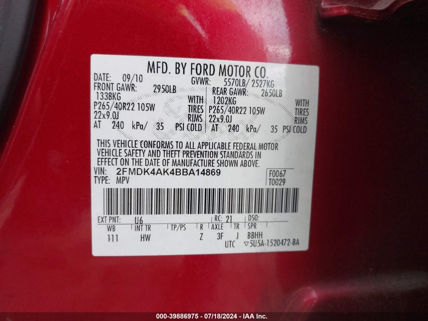 2011 Ford Edge Sport VIN: 2FMDK4AK4BBA14869 Lot: 39886975