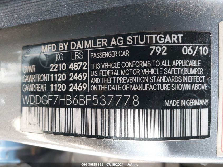 2011 Mercedes-Benz C 63 Amg VIN: WDDGF7HB6BF537778 Lot: 39886982