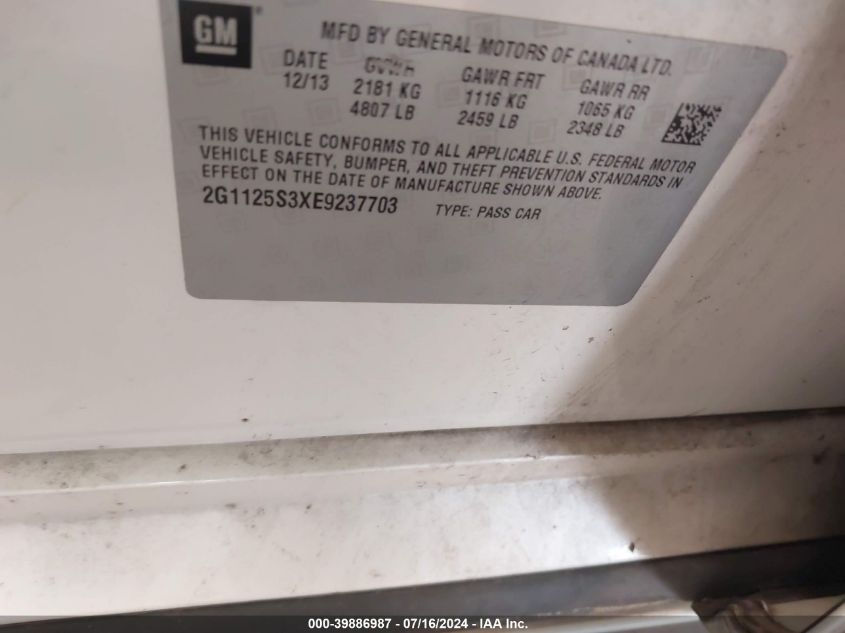 2014 Chevrolet Impala 2Lt VIN: 2G1125S3XE9237703 Lot: 39886987