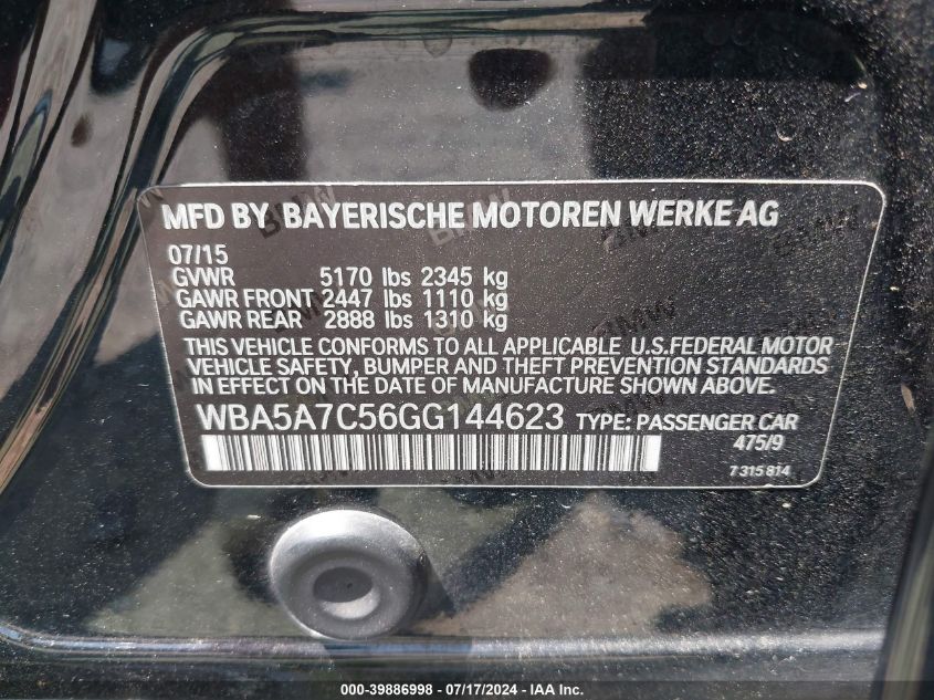 2016 BMW 528I xDrive VIN: WBA5A7C56GG144623 Lot: 39886998