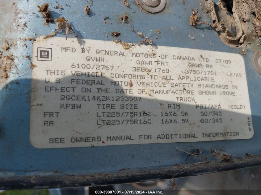 1989 Chevrolet Gmt-400 K1500 VIN: 2GCEK14K2K1253507 Lot: 39887001