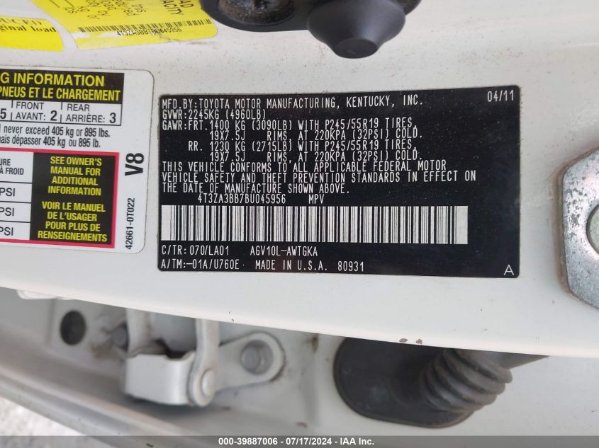 2011 Toyota Venza VIN: 4T3ZA3BB7BU045956 Lot: 39887006