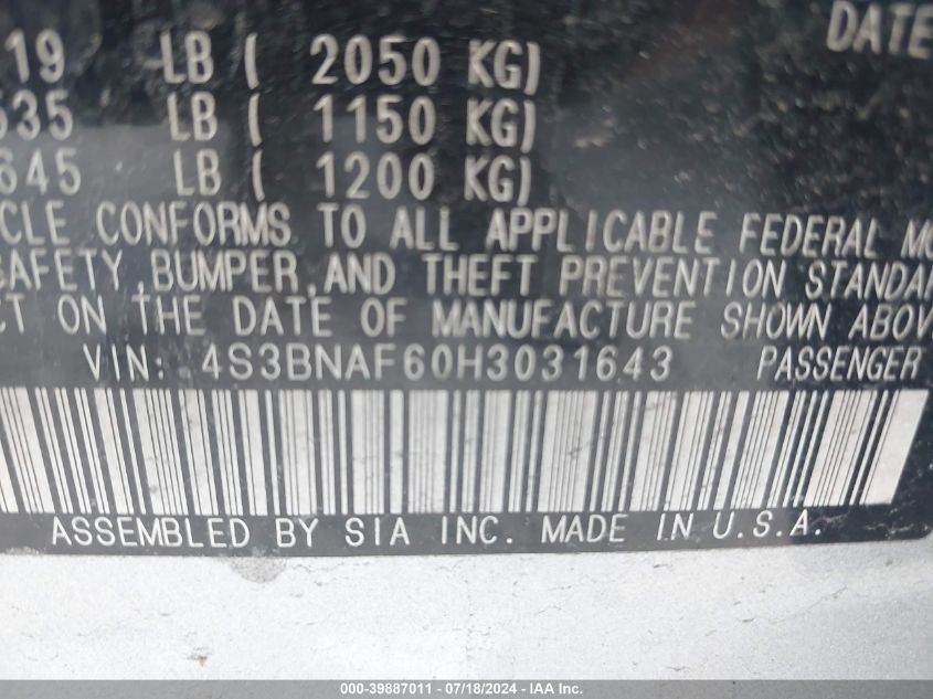 2017 Subaru Legacy 2.5I Premium VIN: 4S3BNAF60H3031643 Lot: 39887011