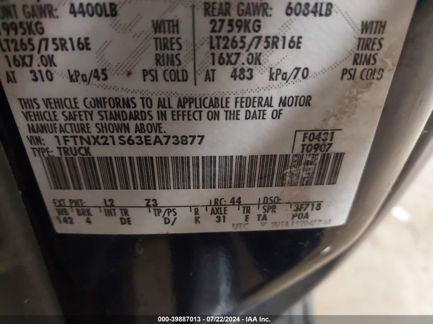 2003 Ford F-250 Lariat/Xl/Xlt VIN: 1FTNX21S63EA73877 Lot: 39887013