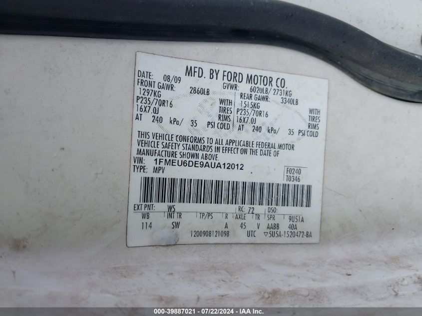 2010 Ford Explorer Xlt VIN: 1FMEU6DE9AUA12012 Lot: 39887021