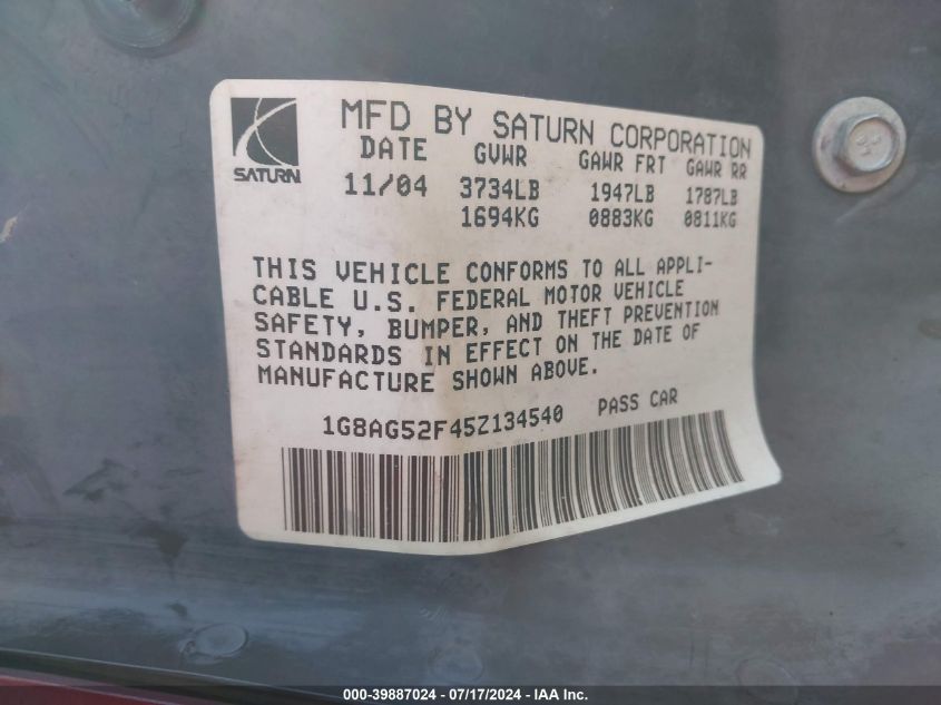 2005 Saturn Ion 1 VIN: 1G8AG52F45Z134540 Lot: 39887024