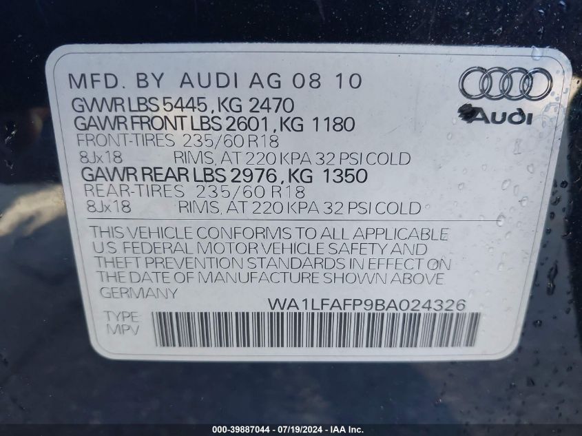 2011 Audi Q5 2.0T Premium VIN: WA1LFAFP9BA024326 Lot: 39887044