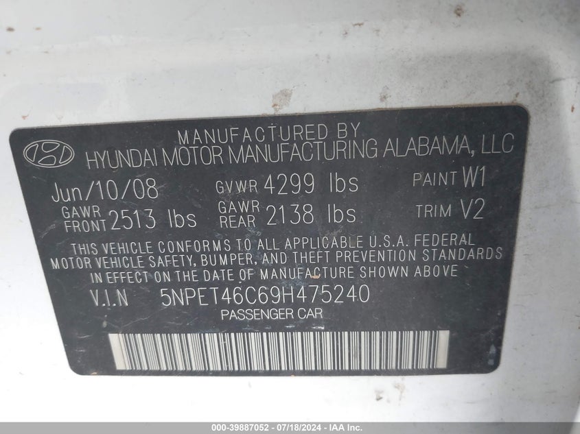 2009 Hyundai Sonata Gls VIN: 5NPET46C69H475240 Lot: 39887052