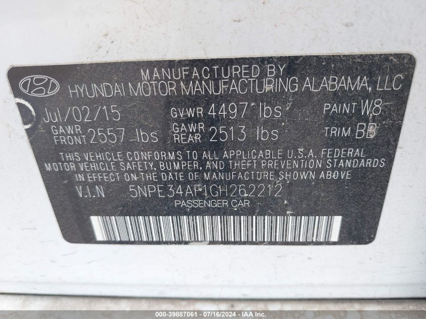 2016 Hyundai Sonata Sport VIN: 5NPE34AF1GH262212 Lot: 39887061