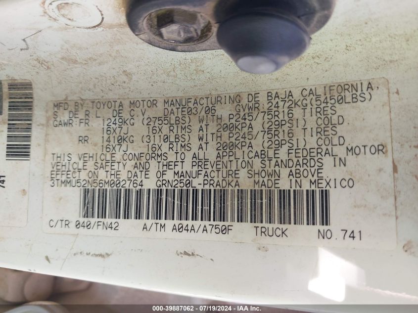 2006 Toyota Tacoma Base V6 VIN: 3TMMU52N56M002764 Lot: 39887062