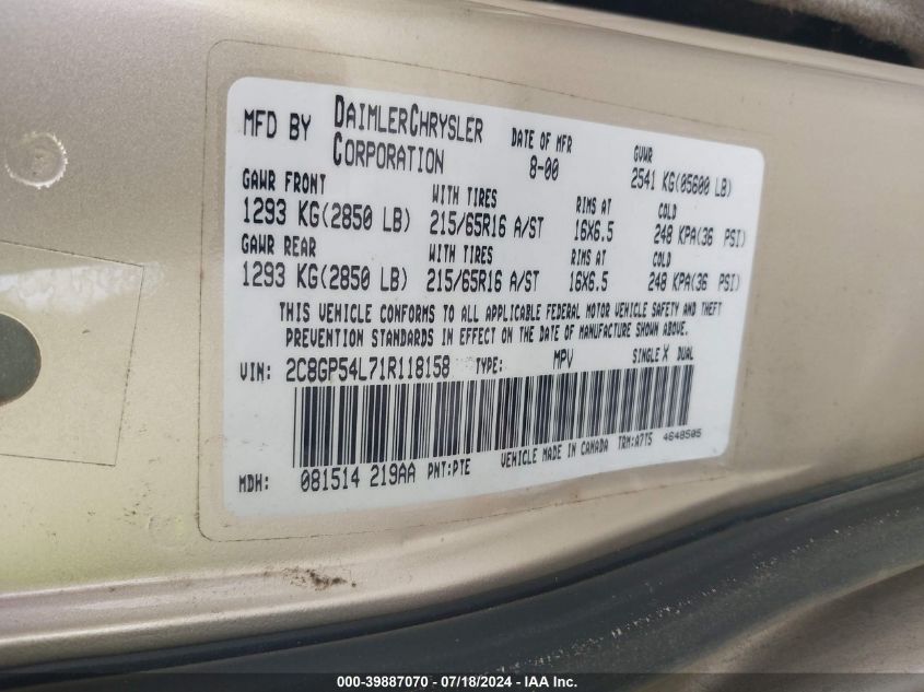 2001 Chrysler Town & Country Lxi VIN: 2C8GP54L71R118158 Lot: 39887070