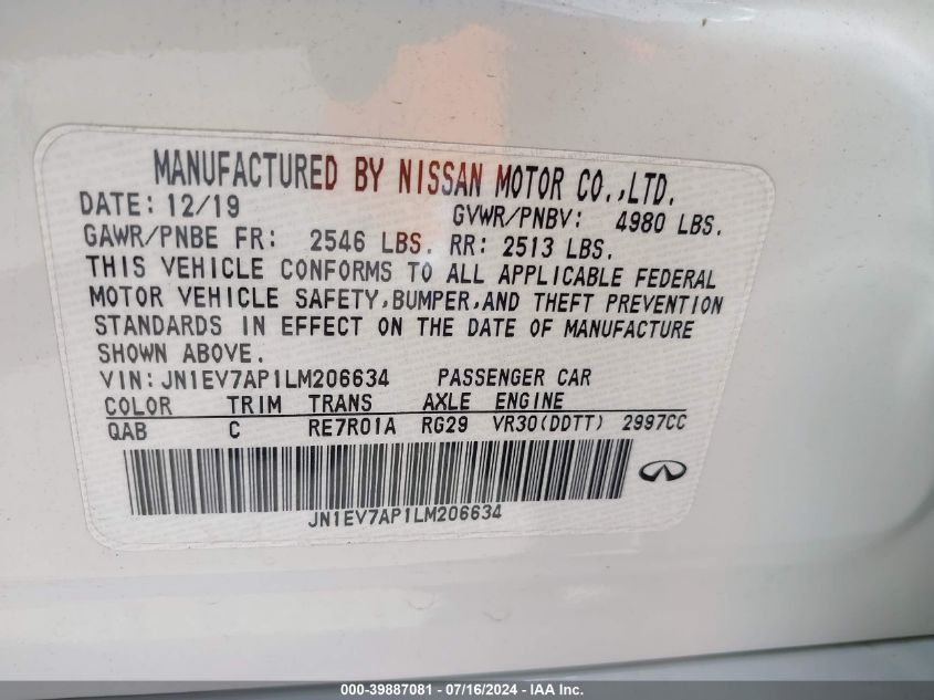 2020 Infiniti Q50 Luxe VIN: JN1EV7AP1LM206634 Lot: 39887081