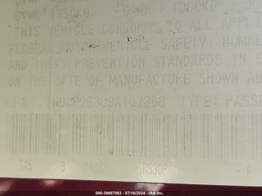 2009 Honda Accord 2.4 Lx VIN: 1HGCP26309A107368 Lot: 39887083