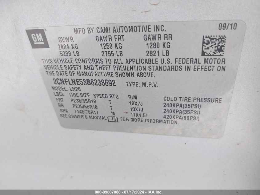 2011 Chevrolet Equinox 2Lt VIN: 2CNFLNE53B6238692 Lot: 39887088