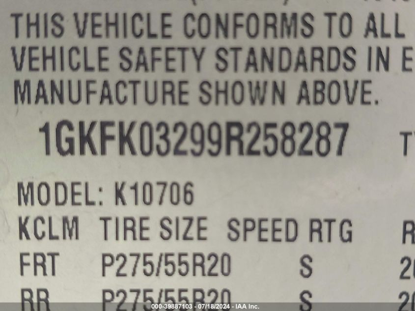 2009 GMC Yukon Denali VIN: 1GKFK03299R258287 Lot: 39887103