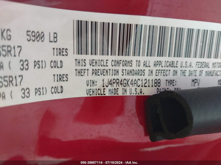 2010 Jeep Grand Cherokee Laredo VIN: 1J4PR4GK4AC121188 Lot: 39887114