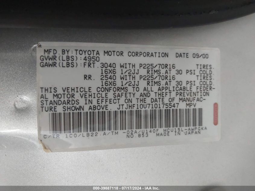 2001 Lexus Rx 300 VIN: JTJHF10U710175547 Lot: 39887118