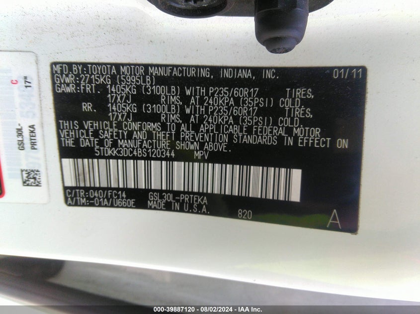 2011 Toyota Sienna Le VIN: 5TDKK3DC4BS120344 Lot: 39887120