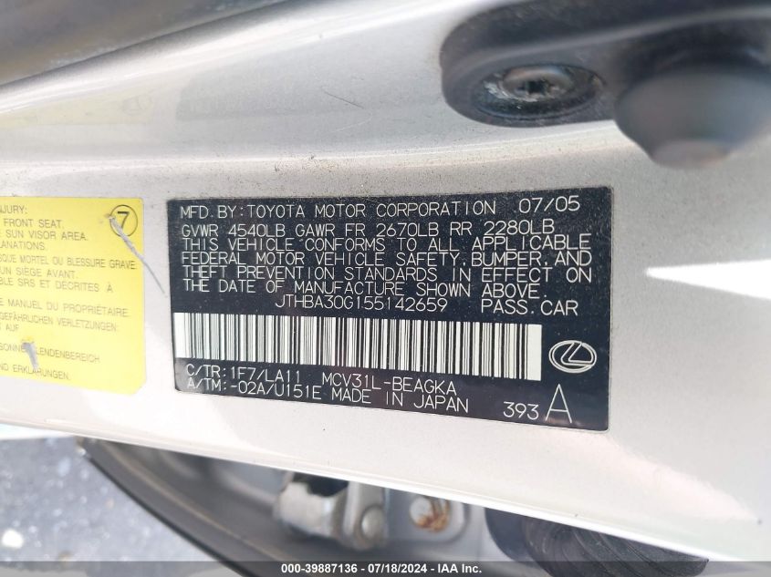 2005 Lexus Es 330 VIN: JTHBA30G155142659 Lot: 39887136