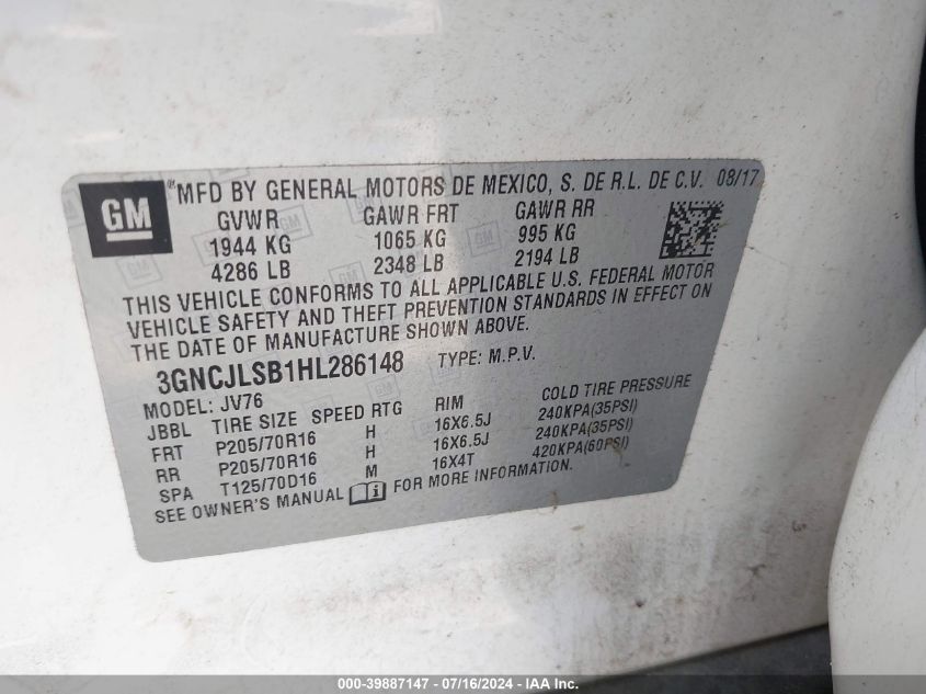 2017 Chevrolet Trax Lt VIN: 3GNCJLSB1HL286148 Lot: 39887147