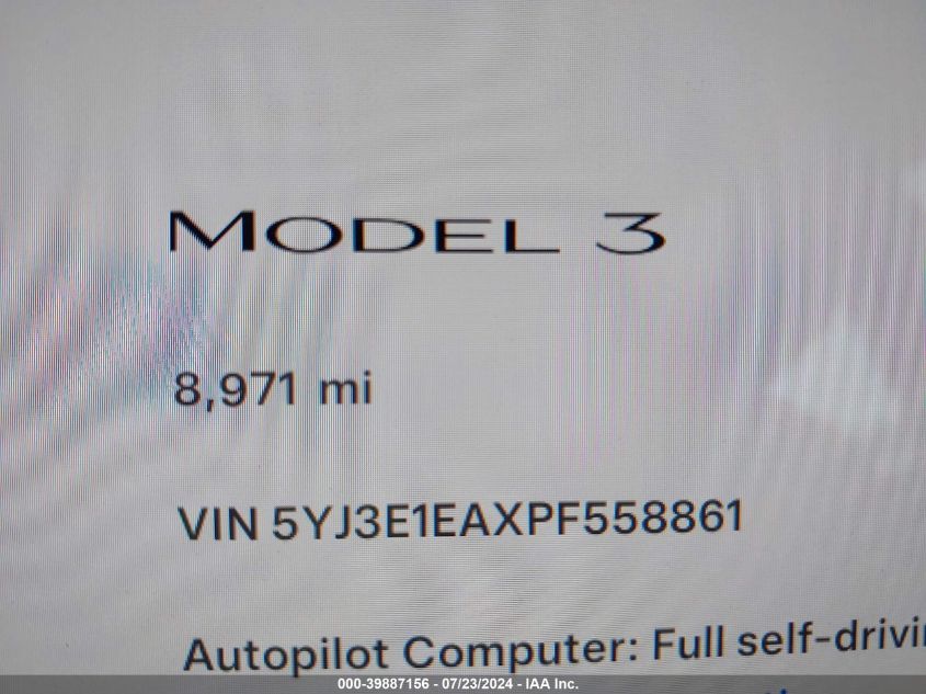 2023 Tesla Model 3 Rear-Wheel Drive VIN: 5YJ3E1EAXPF558861 Lot: 39887156