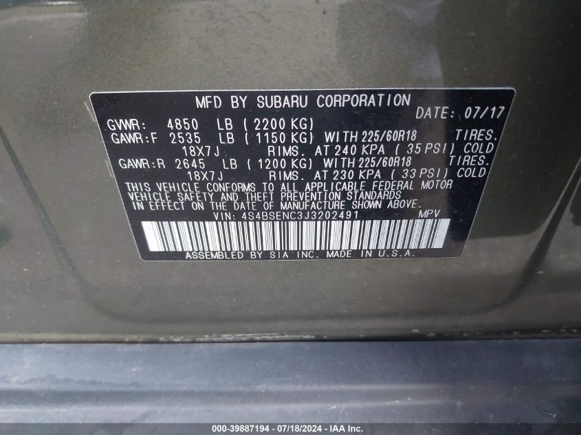 2018 Subaru Outback 3.6R Limited VIN: 4S4BSENC3J3202491 Lot: 39887194